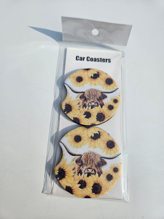 Sunflower Highland Cow Car Coasters (Set of 2)